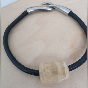 Black Leather Bracelet with Beige Stone Bead